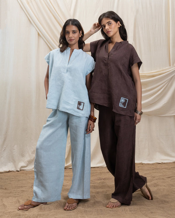 Linen v neck top and pleated drawstring pant set