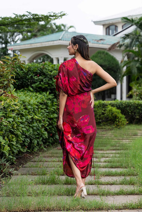 Red Wine One Shoulder Flower Print dress with adjustable gathers