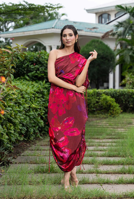 Red Wine One Shoulder Flower Print dress with adjustable gathers