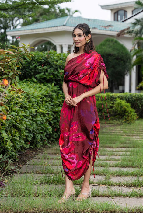 Red Wine One Shoulder Flower Print dress with adjustable gathers