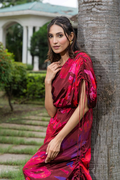 Red Wine One Shoulder Flower Print dress with adjustable gathers